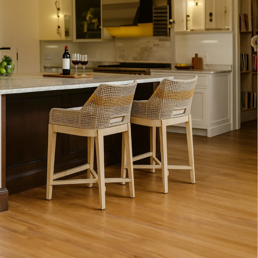 Avira 30 Inch Set of 2 Barstool Chairs | Handcrafted Mango Wood | Cotton Rope Weaving | Beige Cushion  - UPT-327534-2
