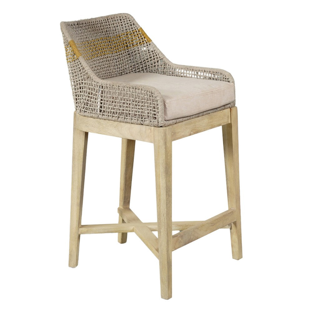 Avira 30 Inch Barstool Chair | Handcrafted Mango Wood | Cotton Rope Weaving | Beige Cushion - UPT-327534