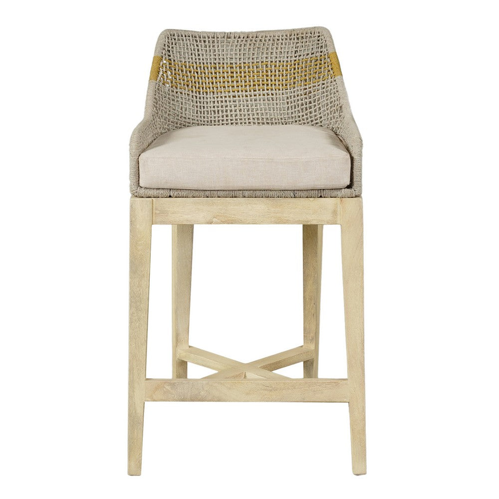 Avira 30 Inch Barstool Chair | Handcrafted Mango Wood | Cotton Rope Weaving | Beige Cushion - UPT-327534