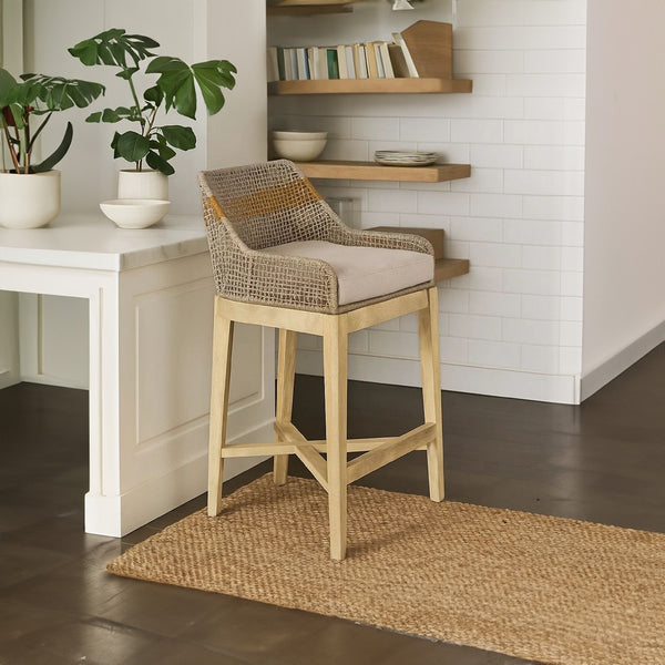 Avira 30 Inch Barstool Chair | Handcrafted Mango Wood | Cotton Rope Weaving | Beige Cushion - UPT-327534
