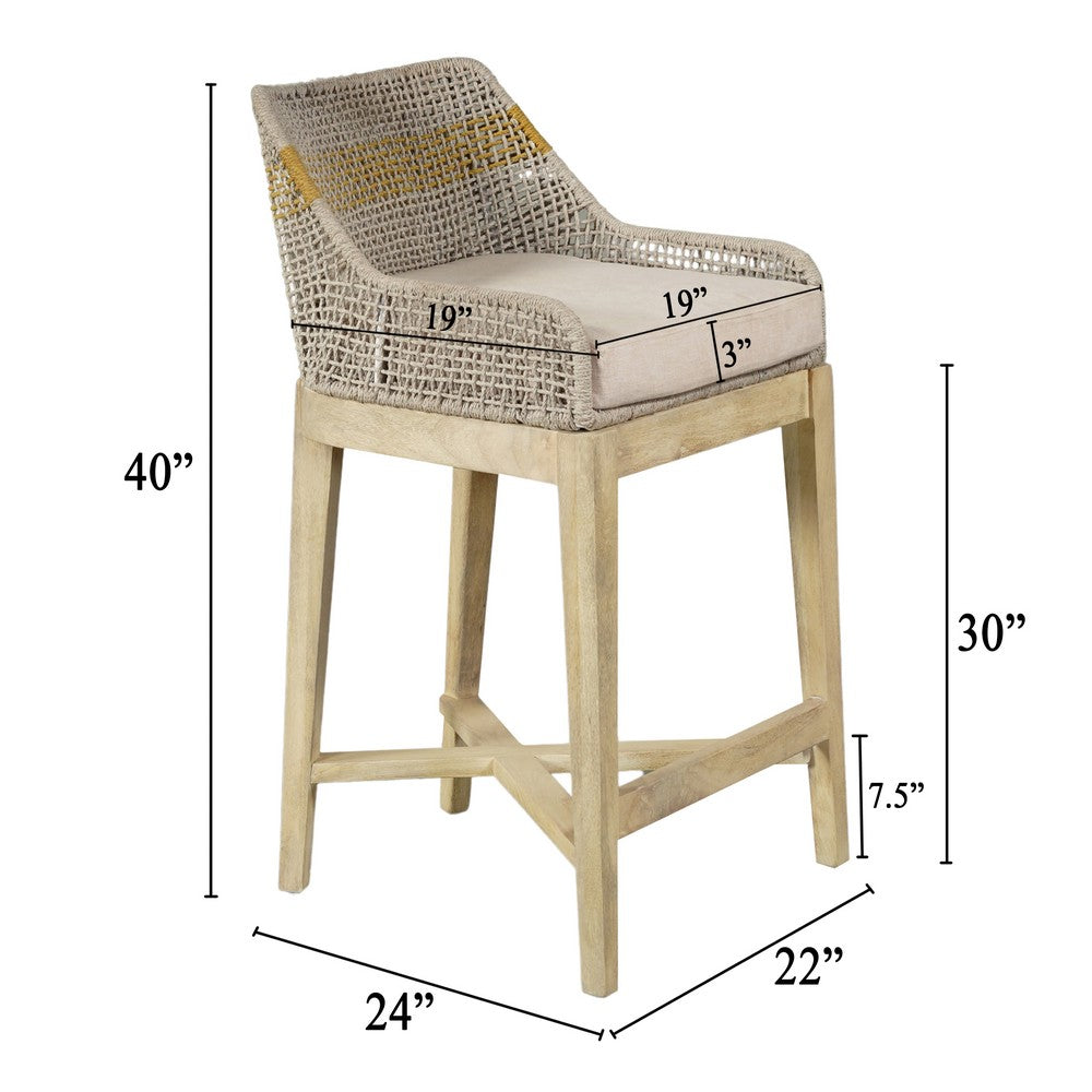 Avira 30 Inch Barstool Chair | Handcrafted Mango Wood | Cotton Rope Weaving | Beige Cushion - UPT-327534