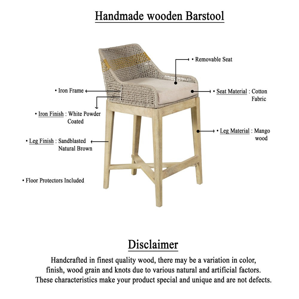 Avira 30 Inch Barstool Chair | Handcrafted Mango Wood | Cotton Rope Weaving | Beige Cushion - UPT-327534