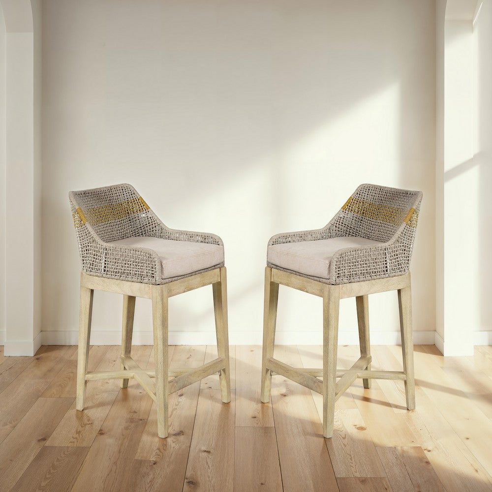 Avira 30 Inch Barstool Chair | Handcrafted Mango Wood | Cotton Rope Weaving | Beige Cushion - UPT-327534