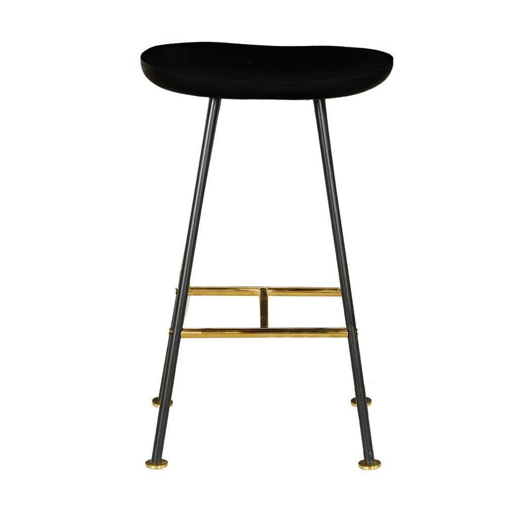 Elira 24" Backless Barstool with Handcrafted Mango Wood Saddle Seat | PVD Coating | Black Iron Legs | Gold Footrest - UPT-327535