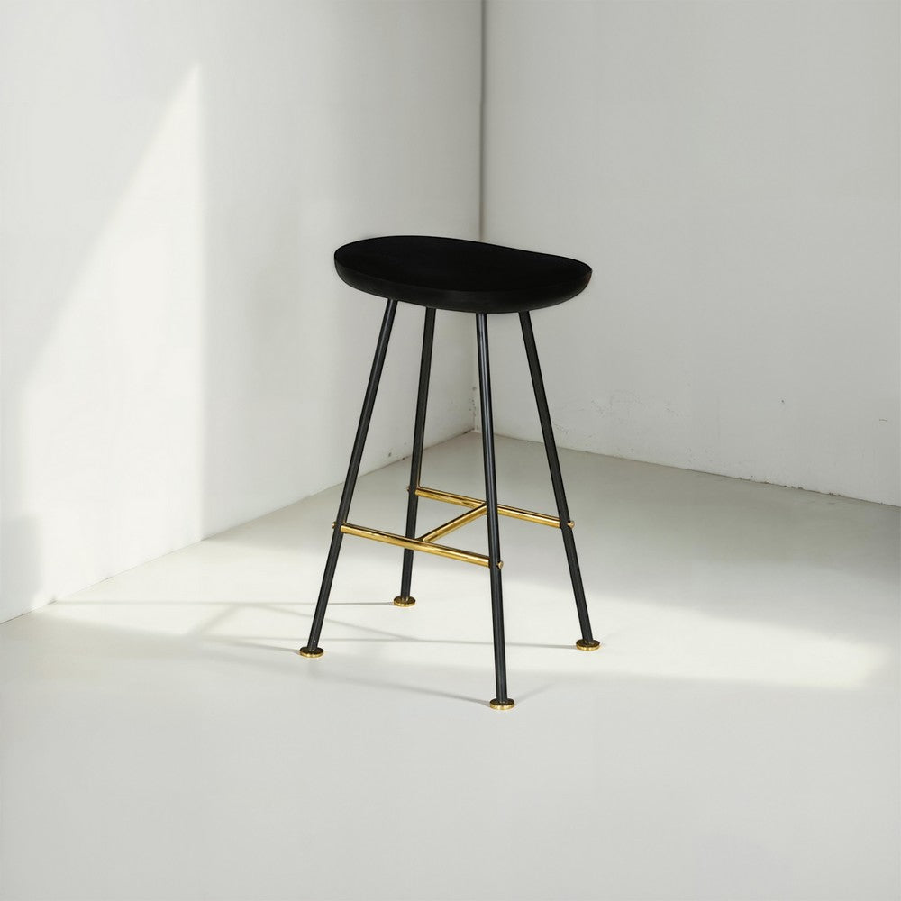 Elira 24" Backless Barstool with Handcrafted Mango Wood Saddle Seat | PVD Coating | Black Iron Legs | Gold Footrest - UPT-327535