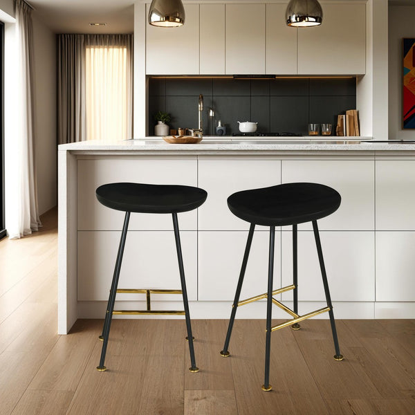 Elira 24" Backless Barstool with Handcrafted Mango Wood Saddle Seat | PVD Coating | Black Iron Legs | Gold Footrest - UPT-327535