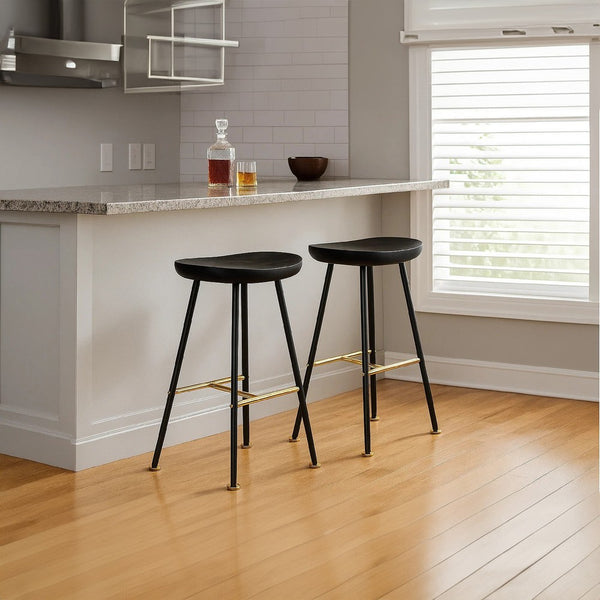 Elira 24" Backless Barstool with Handcrafted Mango Wood Saddle Seat | PVD Coating | Black Iron Legs | Gold Footrest - UPT-327535