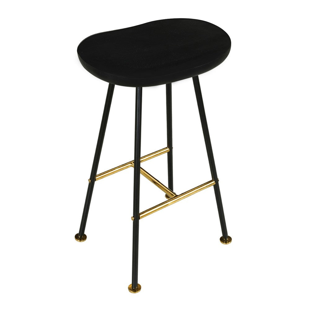 Elira 24" Backless Barstool with Handcrafted Mango Wood Saddle Seat | PVD Coating | Black Iron Legs | Gold Footrest - UPT-327535