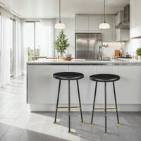 Elira 24.5 Backless Barstool with Round Mango Wood Seat | PVD Coating | Black Iron Legs | Gold Footrest - UPT-327536