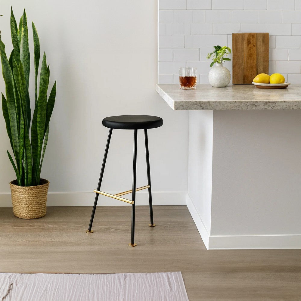 Elira 24.5 Backless Barstool with Round Mango Wood Seat | PVD Coating | Black Iron Legs | Gold Footrest - UPT-327536
