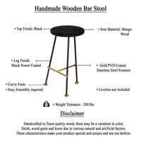 Elira 24.5 Backless Barstool with Round Mango Wood Seat | PVD Coating | Black Iron Legs | Gold Footrest - UPT-327536