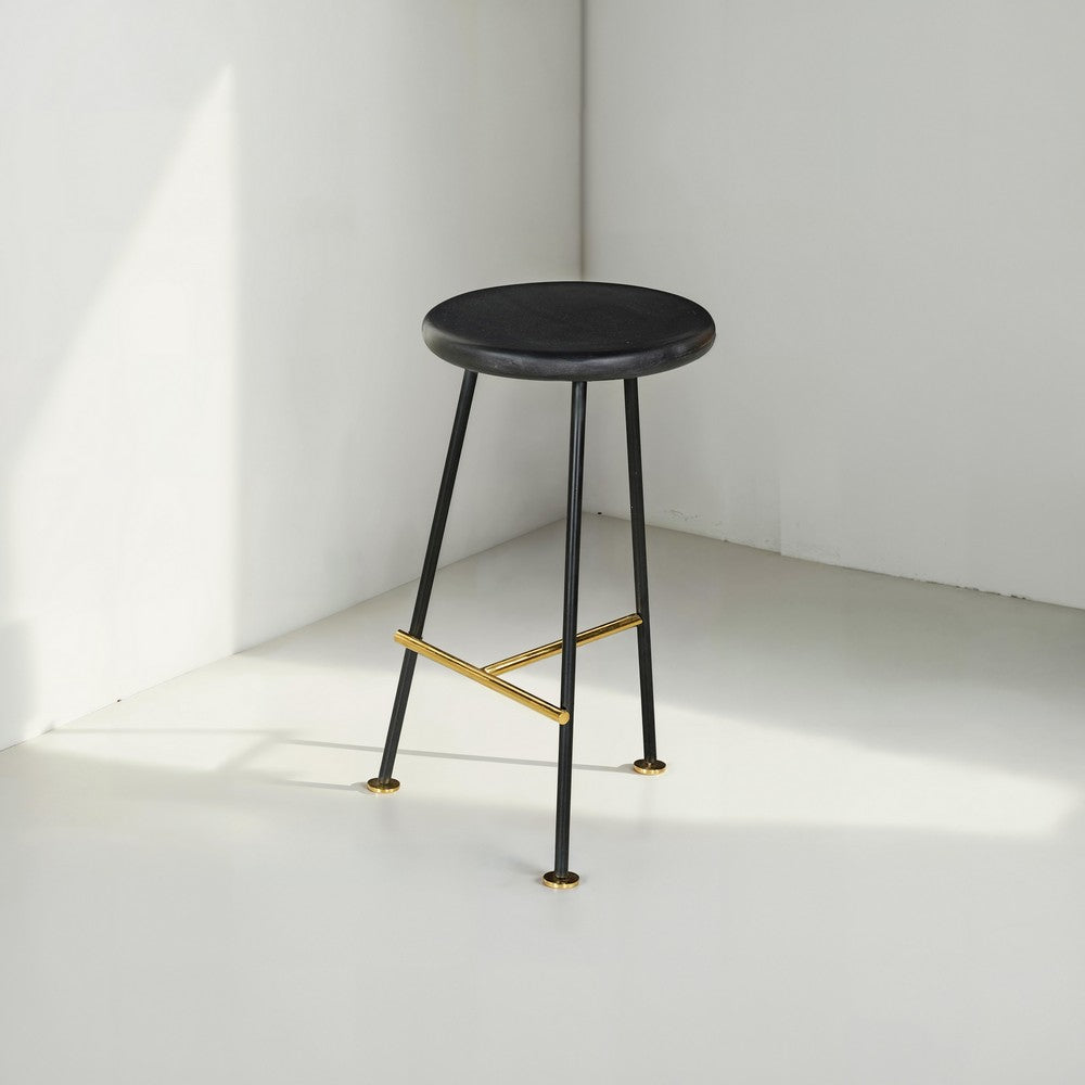 Elira 24.5 Backless Barstool with Round Mango Wood Seat | PVD Coating | Black Iron Legs | Gold Footrest - UPT-327536