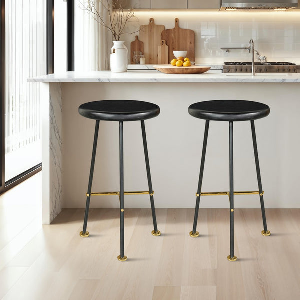 Elira 24.5 Backless Barstool with Round Mango Wood Seat | PVD Coating | Black Iron Legs | Gold Footrest - UPT-327536