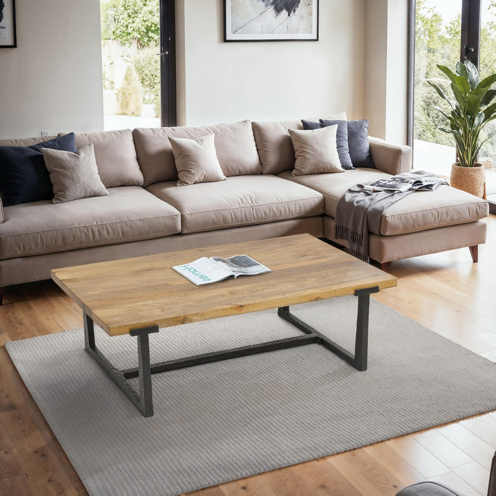 Marlon 48" Coffee Table | Handmade Aluminum Cast Black Frame | Natural Brown Solid Mango Wood Top - UPT-327662