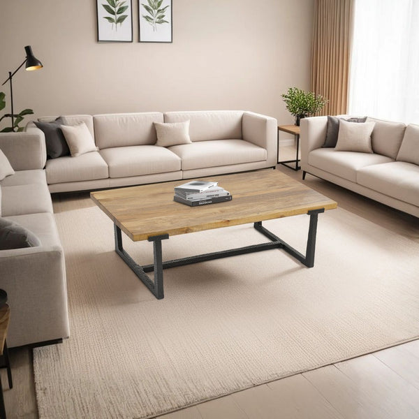 Marlon 48" Coffee Table | Handmade Aluminum Cast Black Frame | Natural Brown Solid Mango Wood Top - UPT-327662