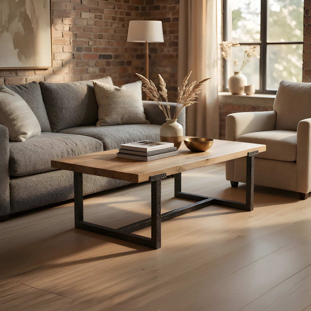 Marlon 48" Coffee Table | Handmade Aluminum Cast Black Frame | Natural Brown Solid Mango Wood Top - UPT-327662