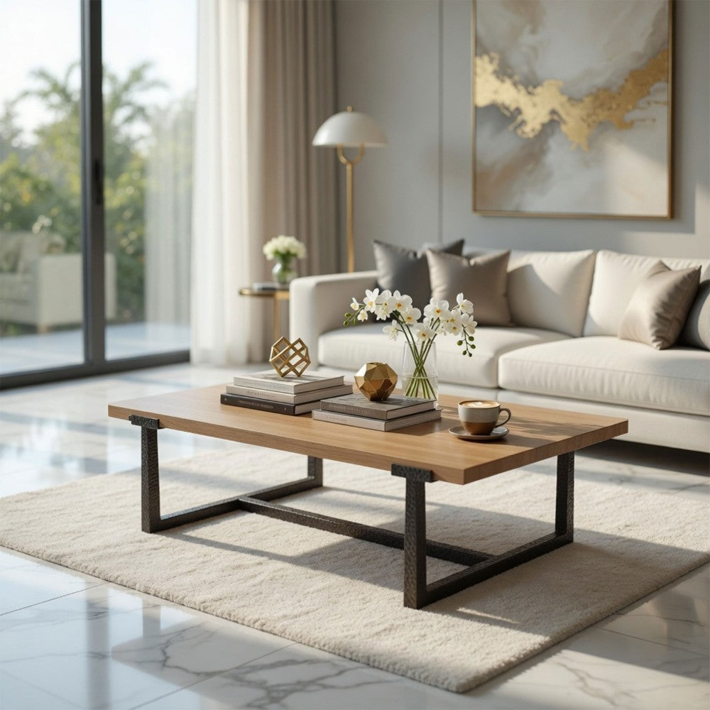 Marlon 48" Coffee Table | Handmade Aluminum Cast Black Frame | Natural Brown Solid Mango Wood Top - UPT-327662