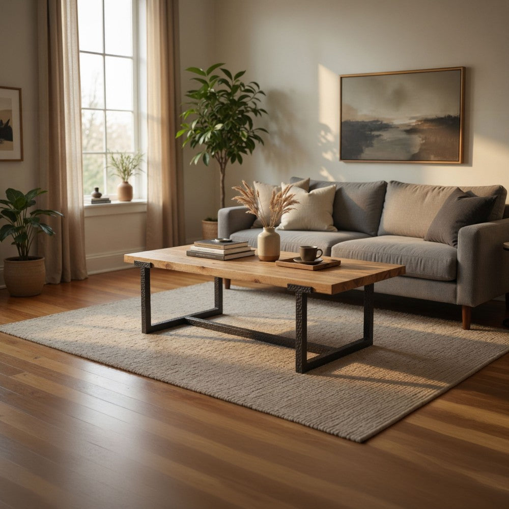 Marlon 48" Coffee Table | Handmade Aluminum Cast Black Frame | Natural Brown Solid Mango Wood Top - UPT-327662