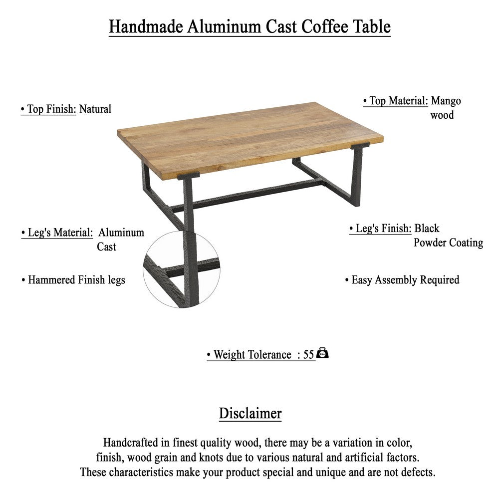 Marlon 48" Coffee Table | Handmade Aluminum Cast Black Frame | Natural Brown Solid Mango Wood Top - UPT-327662