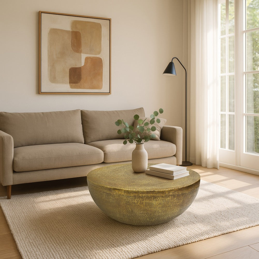 Terminus Coffee Table, 36 Inch Round Bowl Base with Hand Etched Texture, Antique Brass - UPT-327663