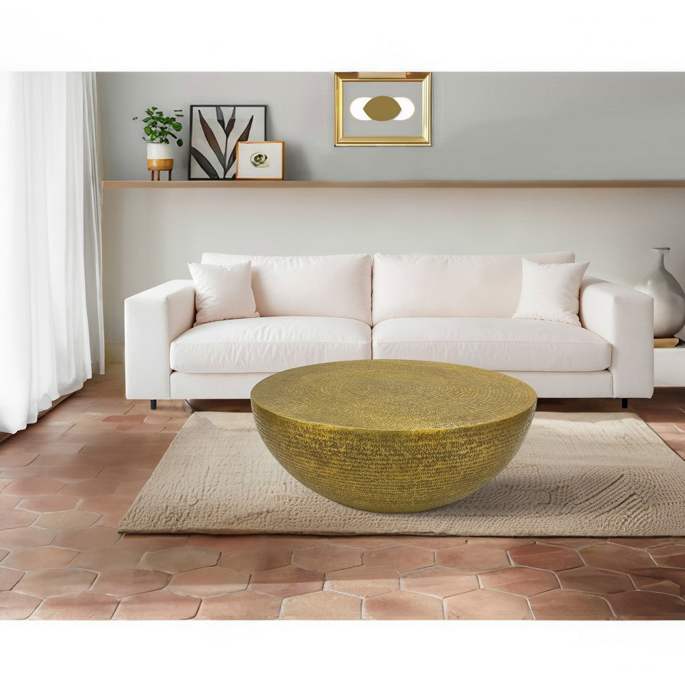 Terminus Coffee Table, 36 Inch Round Bowl Base with Hand Etched Texture, Antique Brass - UPT-327663