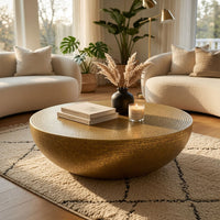 Terminus Coffee Table, 36 Inch Round Bowl Base with Hand Etched Texture, Antique Brass - UPT-327663