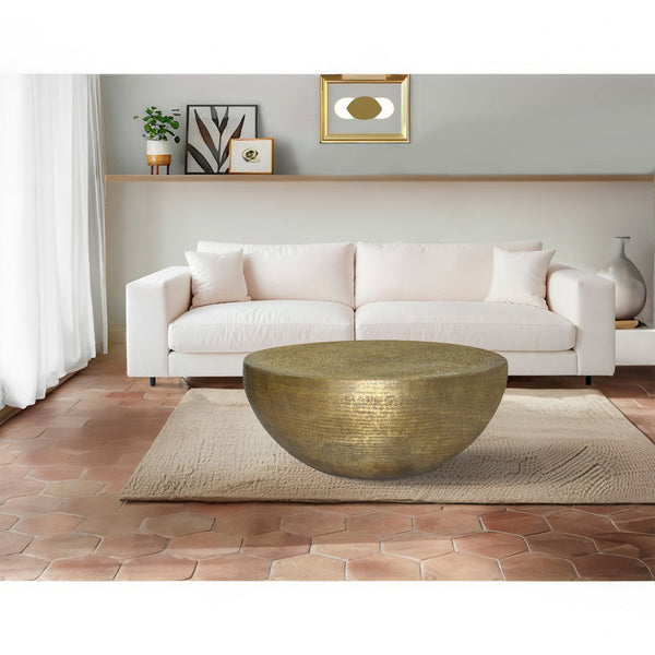Terminus Coffee Table, 36 Inch Round Bowl Base with Hand Etched Texture, Antique Brass - UPT-327663