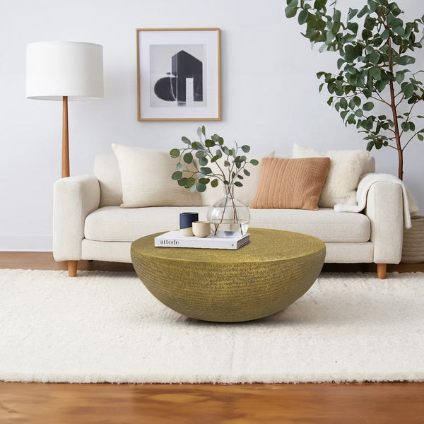 Terminus Coffee Table, 36 Inch Round Bowl Base with Hand Etched Texture, Antique Brass - UPT-327663