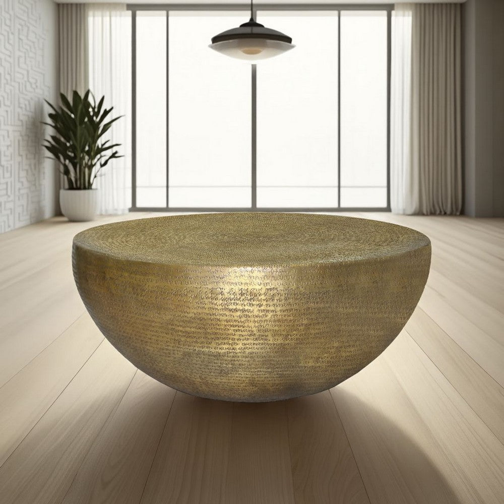 Terminus Coffee Table, 36 Inch Round Bowl Base with Hand Etched Texture, Antique Brass - UPT-327663