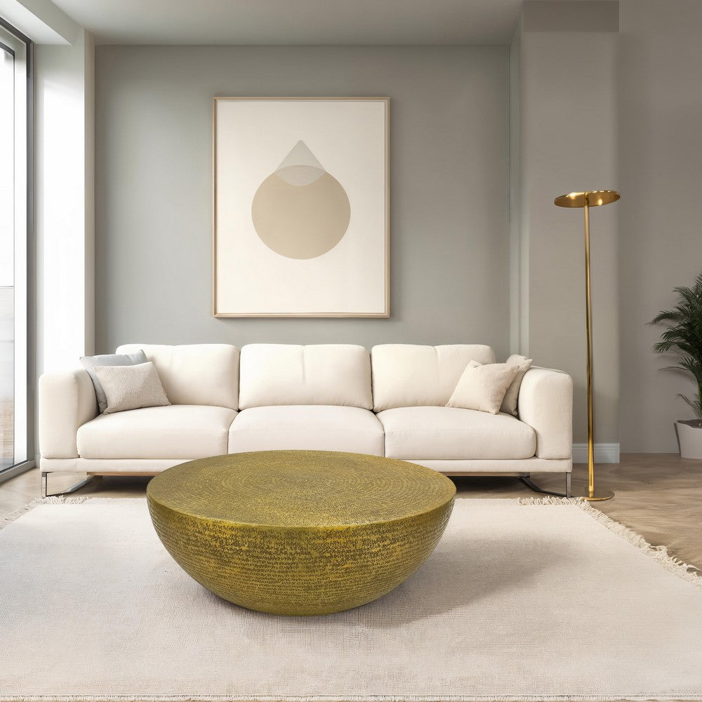 Terminus Coffee Table, 36 Inch Round Bowl Base with Hand Etched Texture, Antique Brass - UPT-327663