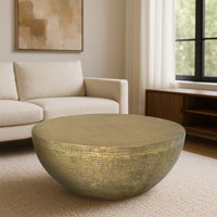 Terminus Coffee Table, 36 Inch Round Bowl Base with Hand Etched Texture, Antique Brass - UPT-327663
