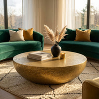Terminus Coffee Table, 36 Inch Round Bowl Base with Hand Etched Texture, Antique Brass - UPT-327663