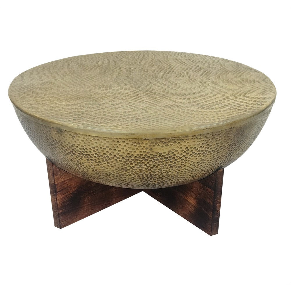 Arden Coffee Table | Round Hammered Metal Top | Mango Wood Base| Antique Brass - UPT-327664