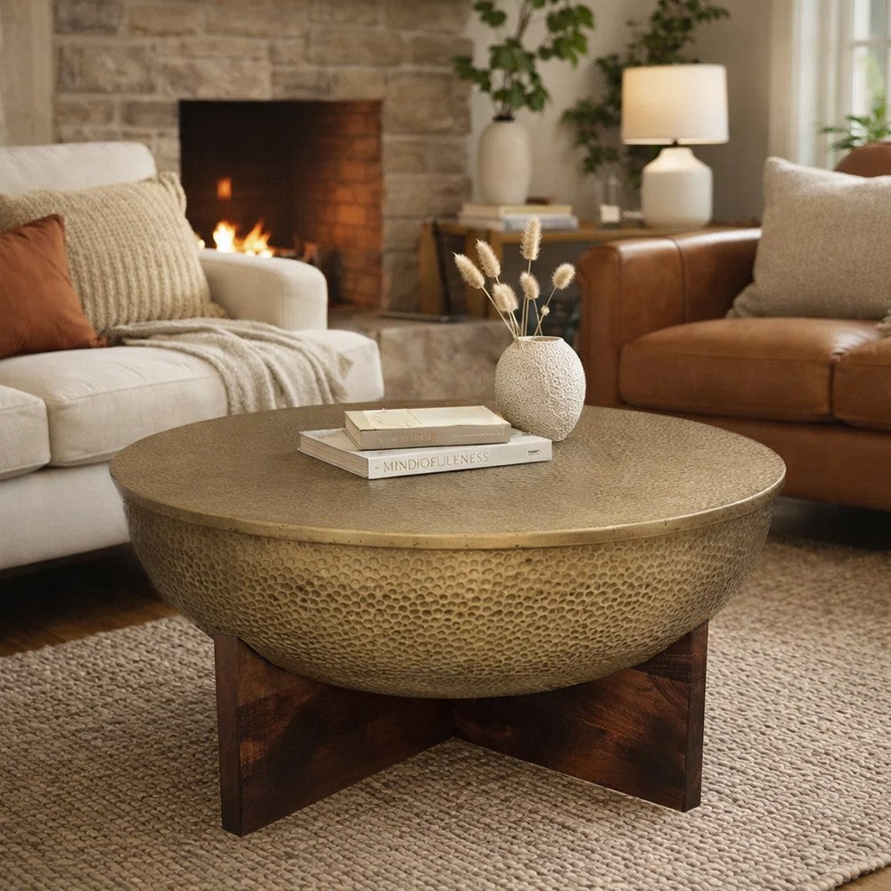 Arden Coffee Table | Round Hammered Metal Top | Mango Wood Base| Antique Brass - UPT-327664