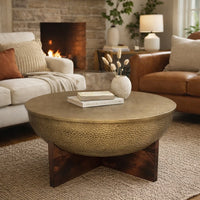 Arden Coffee Table | Round Hammered Metal Top | Mango Wood Base| Antique Brass - UPT-327664