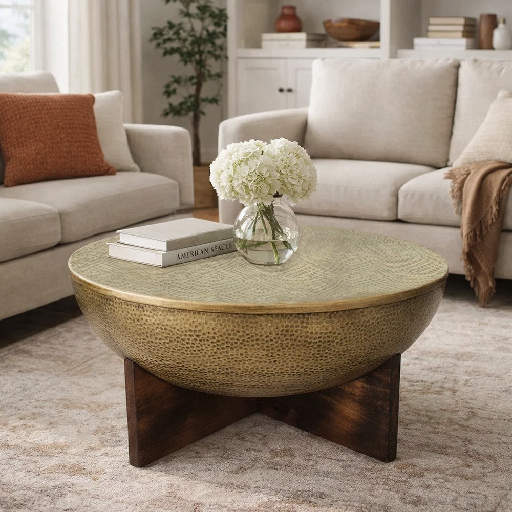 Arden Coffee Table | Round Hammered Metal Top | Mango Wood Base| Antique Brass - UPT-327664