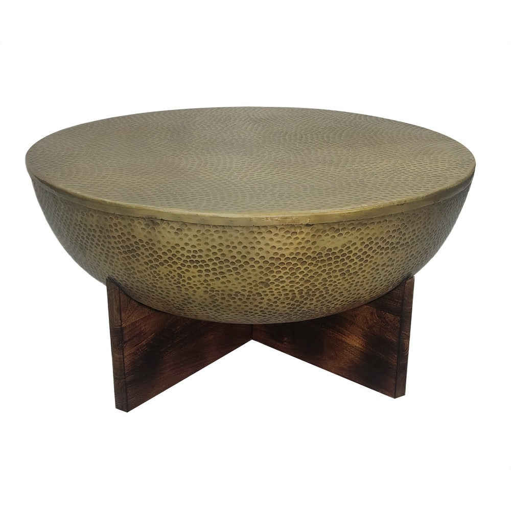Arden Coffee Table | Round Hammered Metal Top | Mango Wood Base| Antique Brass - UPT-327664