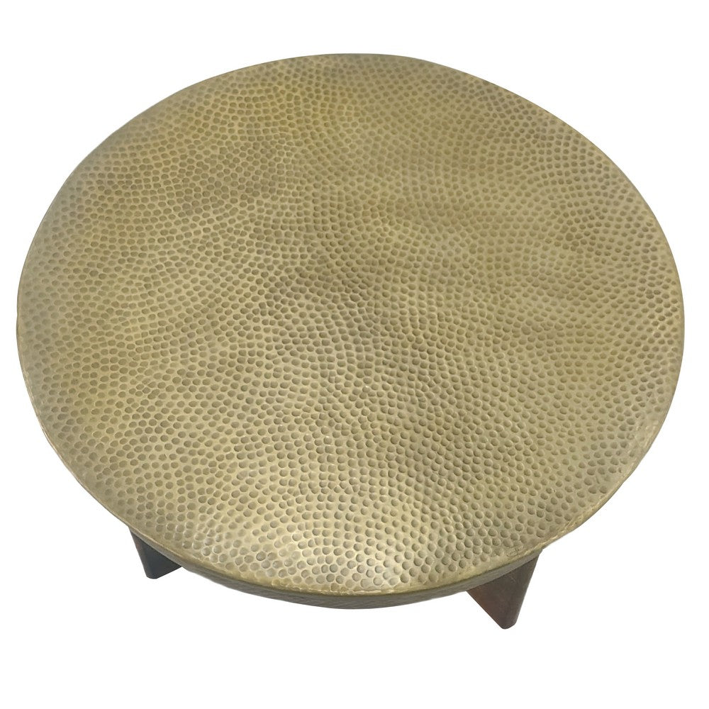 Arden Coffee Table | Round Hammered Metal Top | Mango Wood Base| Antique Brass - UPT-327664