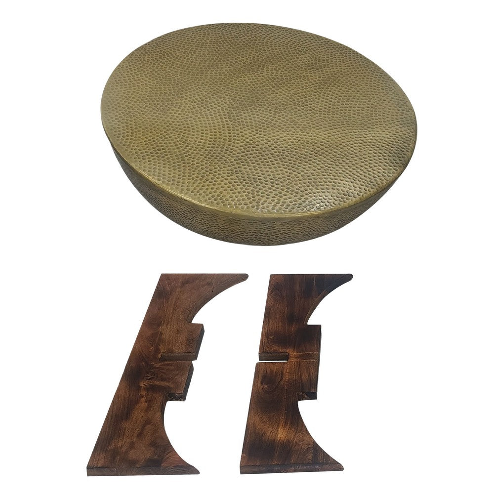 Arden Coffee Table | Round Hammered Metal Top | Mango Wood Base| Antique Brass - UPT-327664