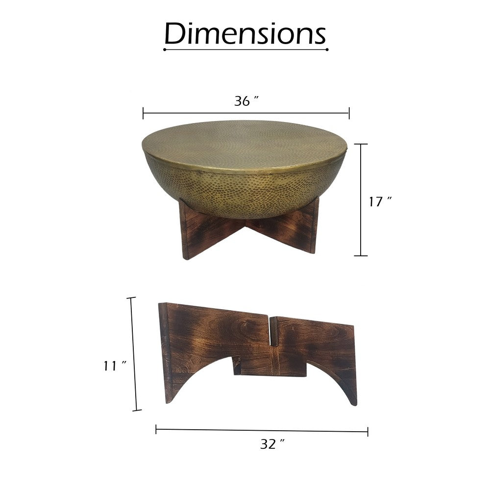 Arden Coffee Table | Round Hammered Metal Top | Mango Wood Base| Antique Brass - UPT-327664