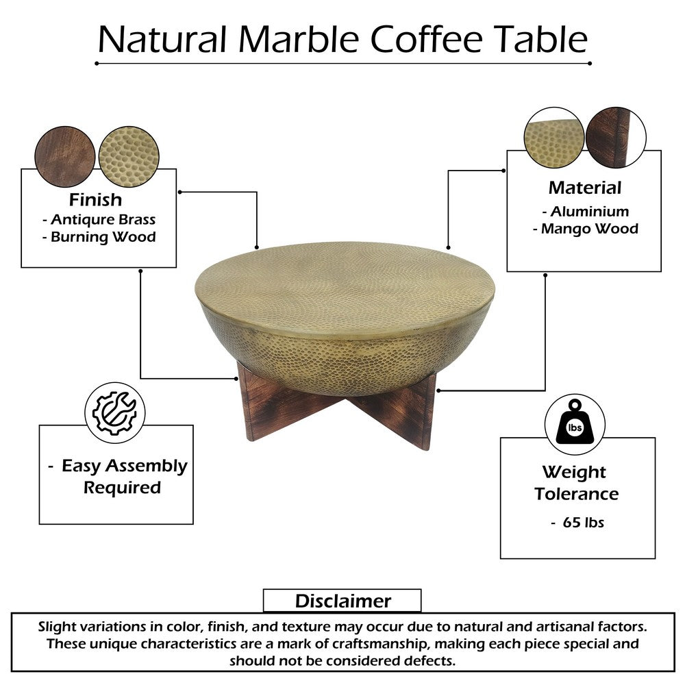 Arden Coffee Table | Round Hammered Metal Top | Mango Wood Base| Antique Brass - UPT-327664