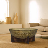 Arden Coffee Table | Round Hammered Metal Top | Mango Wood Base| Antique Brass - UPT-327664