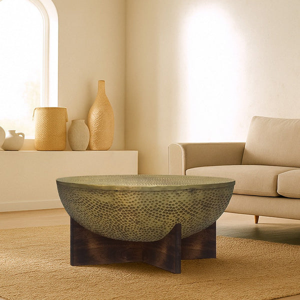 Arden Coffee Table | Round Hammered Metal Top | Mango Wood Base| Antique Brass - UPT-327664