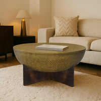 Arden Coffee Table | Round Hammered Metal Top | Mango Wood Base| Antique Brass - UPT-327664