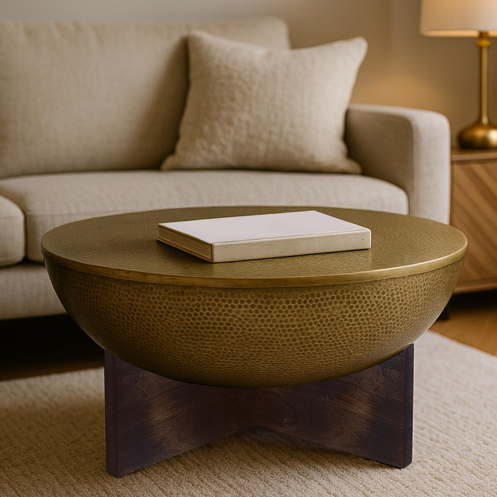 Arden Coffee Table | Round Hammered Metal Top | Mango Wood Base| Antique Brass - UPT-327664