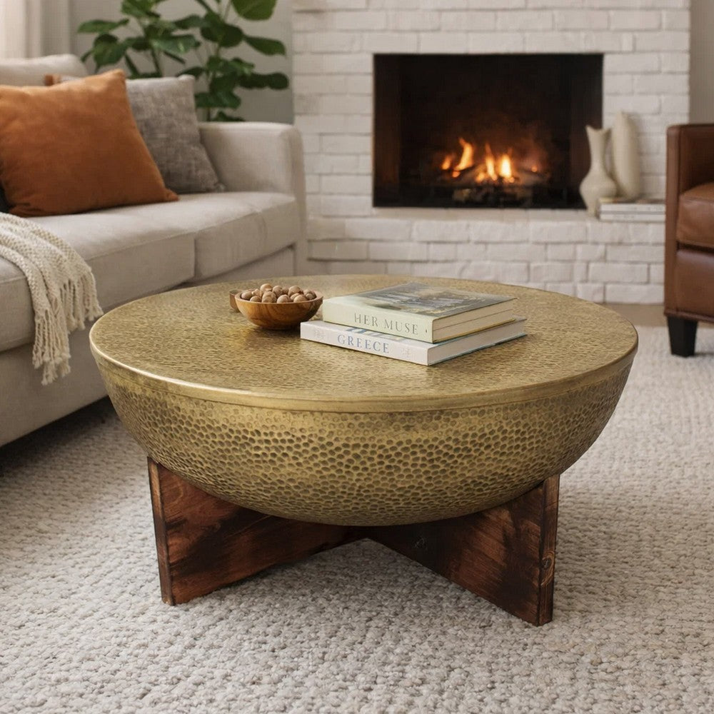 Arden Coffee Table | Round Hammered Metal Top | Mango Wood Base| Antique Brass - UPT-327664