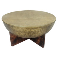 Arden Coffee Table | Round Hammered Metal Top | Mango Wood Base| Antique Brass - UPT-327664