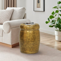 Kvira 16" Round Drum Side End Table | Artisan Hammered Embossed Texture | Antique Gold Brass Finish - UPT-327665