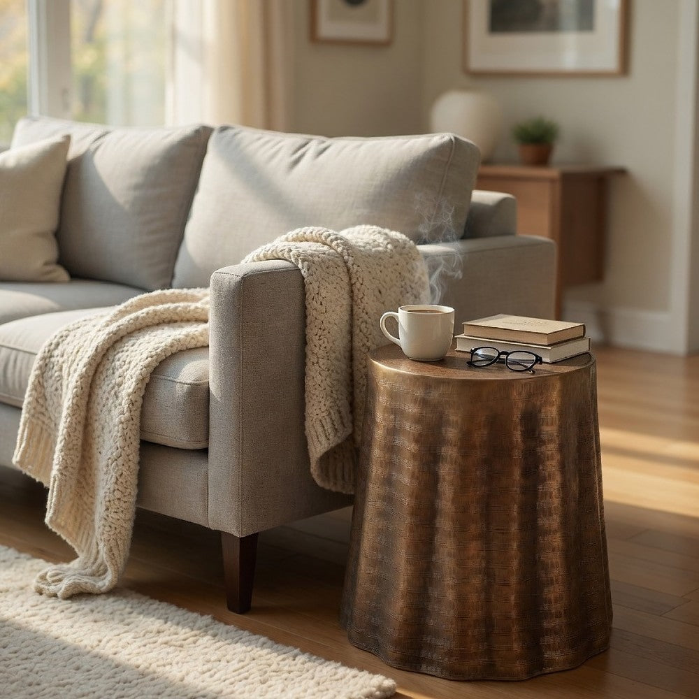 Liora 19" Side End Table | Handcrafted Bronze-Finish Aluminum | Hammered Round Design - UPT-327669