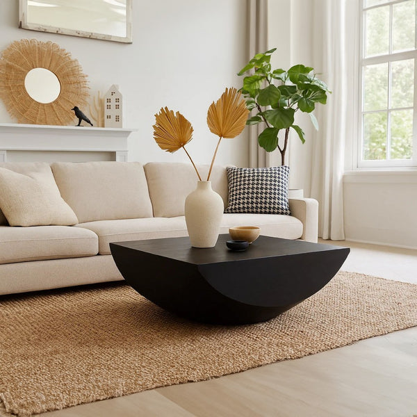 Joanie Coffee Table | 36" Square Top | Handcrafted Matte Black Mango Wood | Rounded Drum Base - UPT-329069